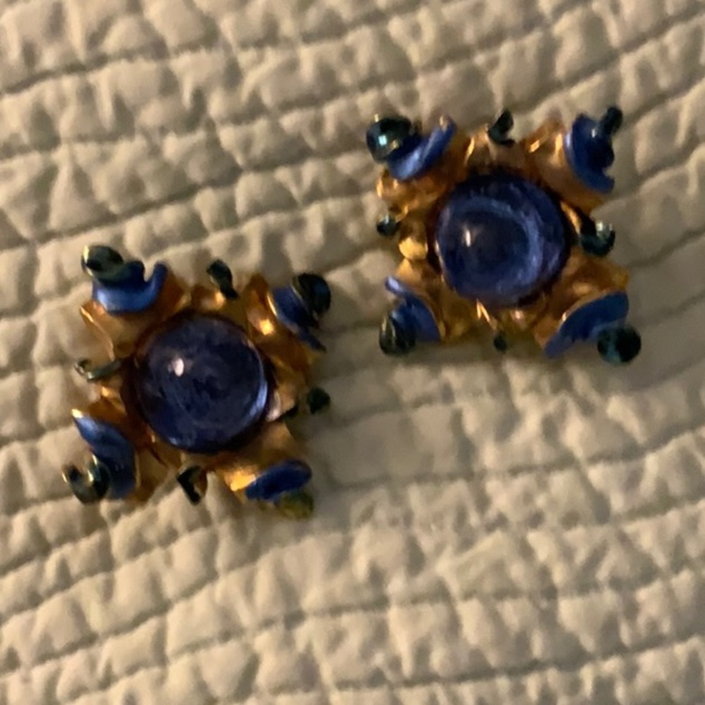 Blue with gold clip on earrings